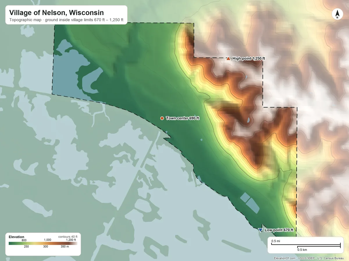 Topographic elevation map of Village of Nelson, Wisconsin, shaded from 670 ft on the southeast side to 1,250 ft on the northeast side