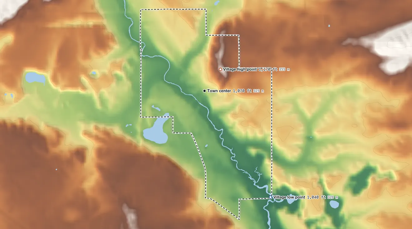 Topographic elevation map of Nelsonville, Wisconsin, shaded from 1,040 ft on the southeast side to 1,170 ft on the northeast side