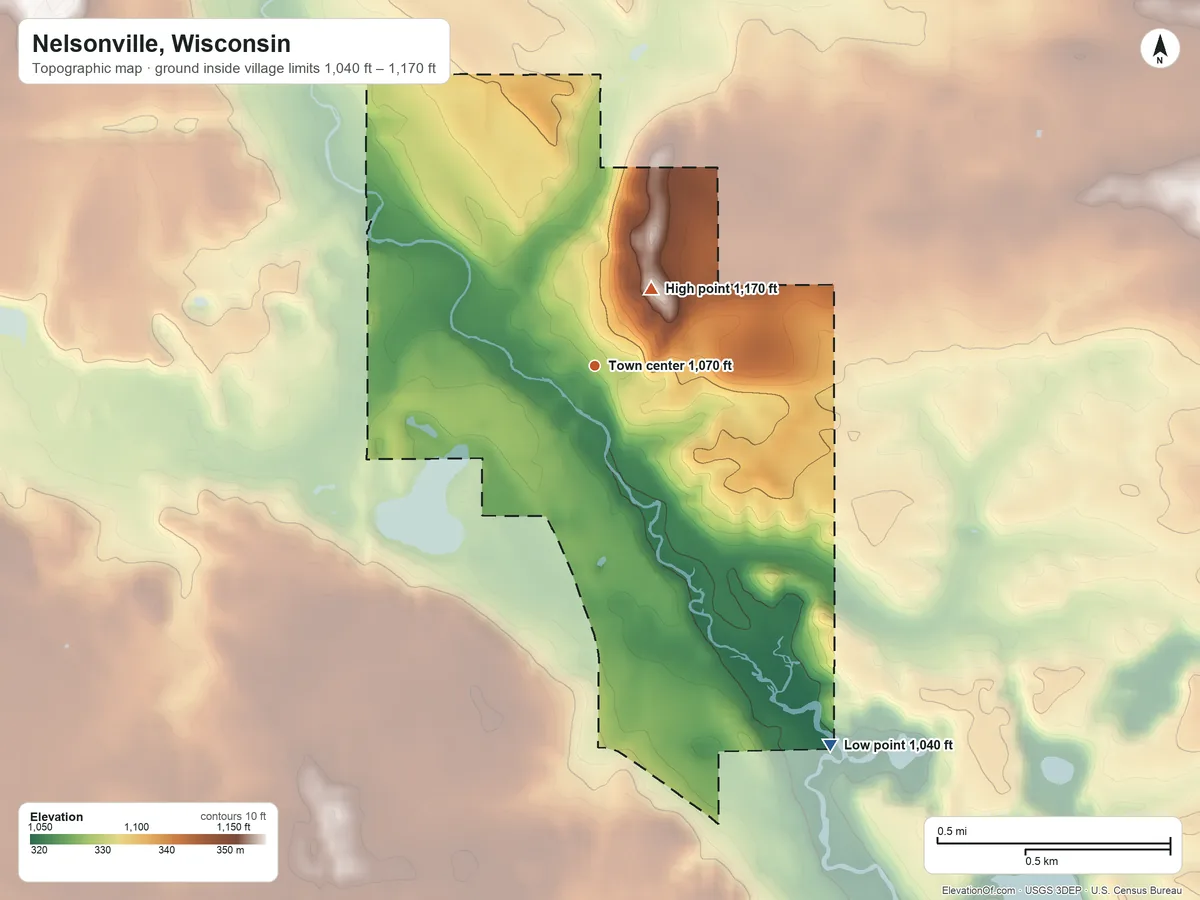 Topographic elevation map of Nelsonville, Wisconsin, shaded from 1,040 ft on the southeast side to 1,170 ft on the northeast side