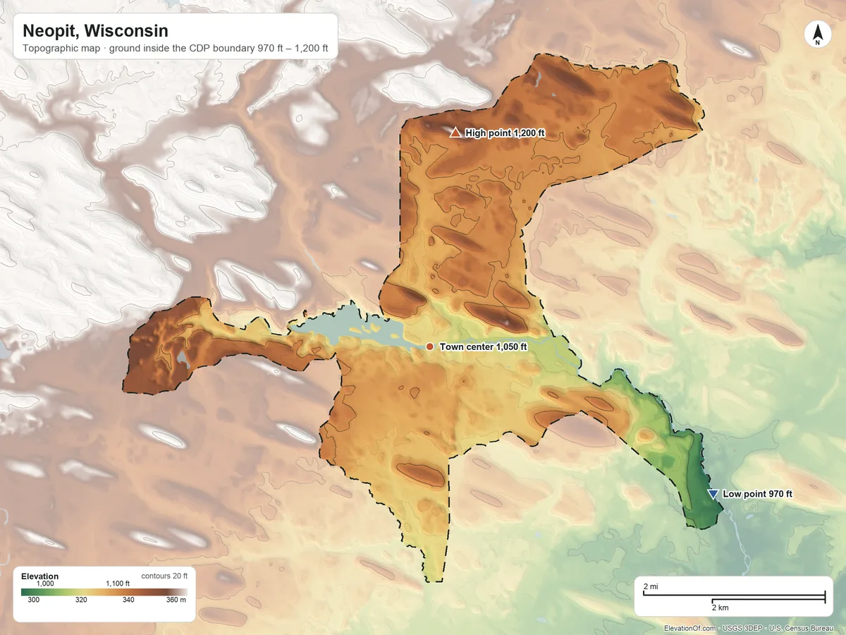 Topographic elevation map of Neopit, Wisconsin, shaded from 970 ft on the southeast side to 1,200 ft on the north side