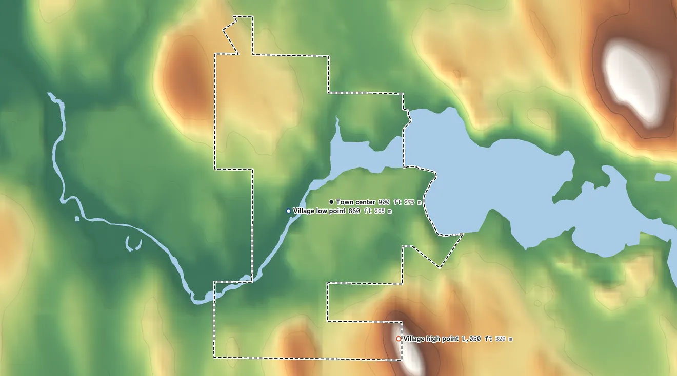 Topographic elevation map of Neosho, Wisconsin, shaded from 860 ft on the west side to 1,050 ft on the southeast side