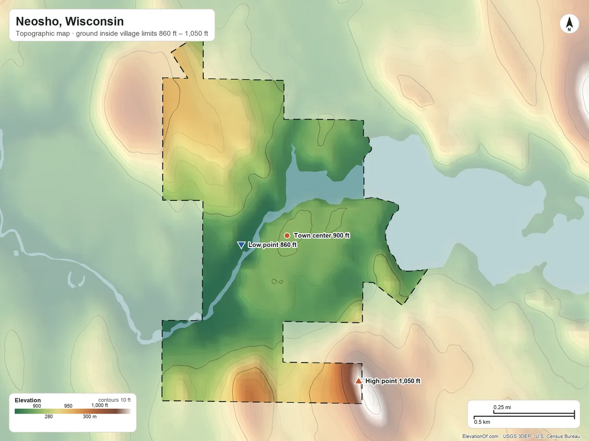 Topographic elevation map of Neosho, Wisconsin, shaded from 860 ft on the west side to 1,050 ft on the southeast side