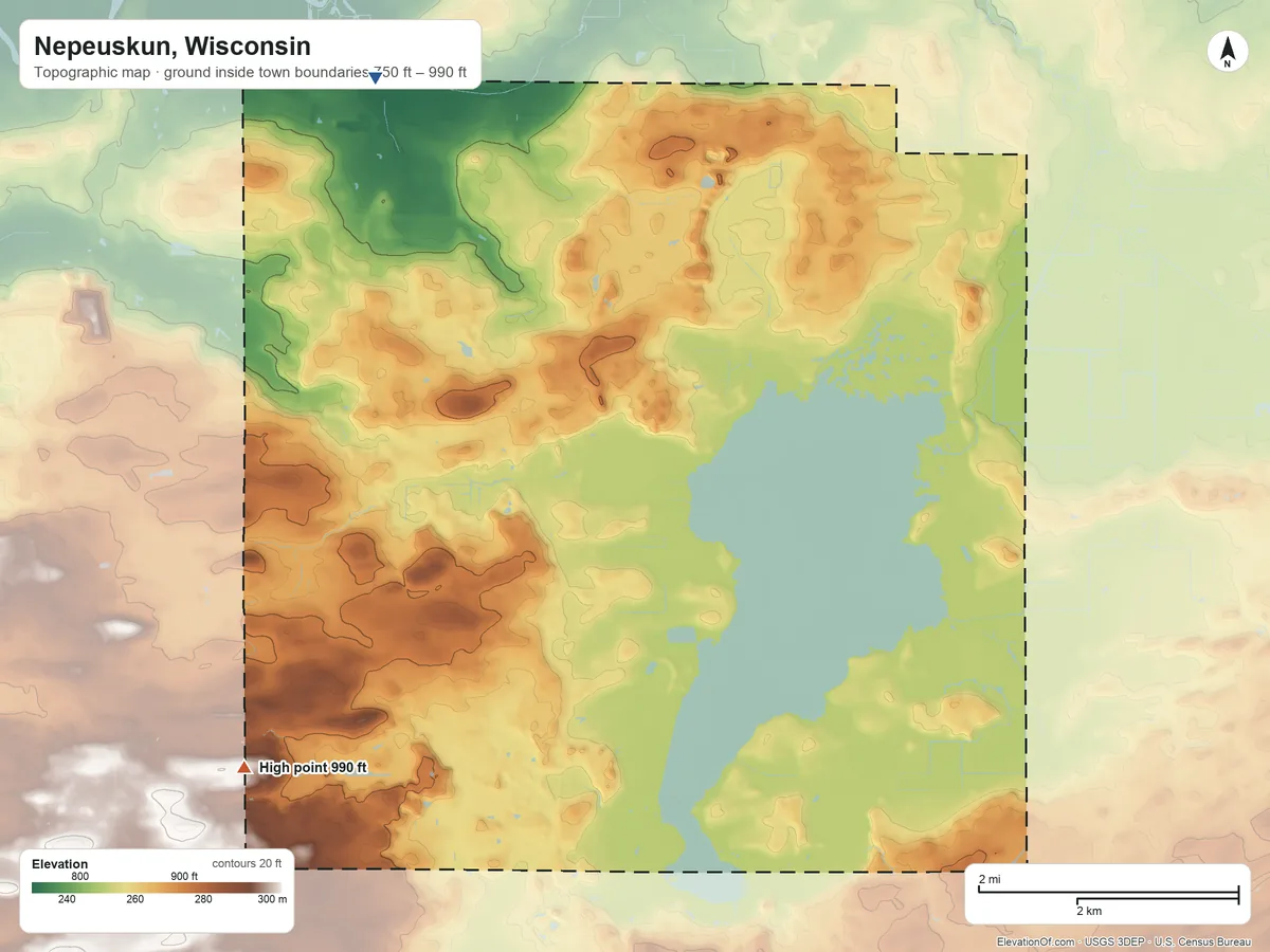 Topographic elevation map of Nepeuskun, Wisconsin, shaded from 750 ft on the northwest side to 990 ft on the southwest side
