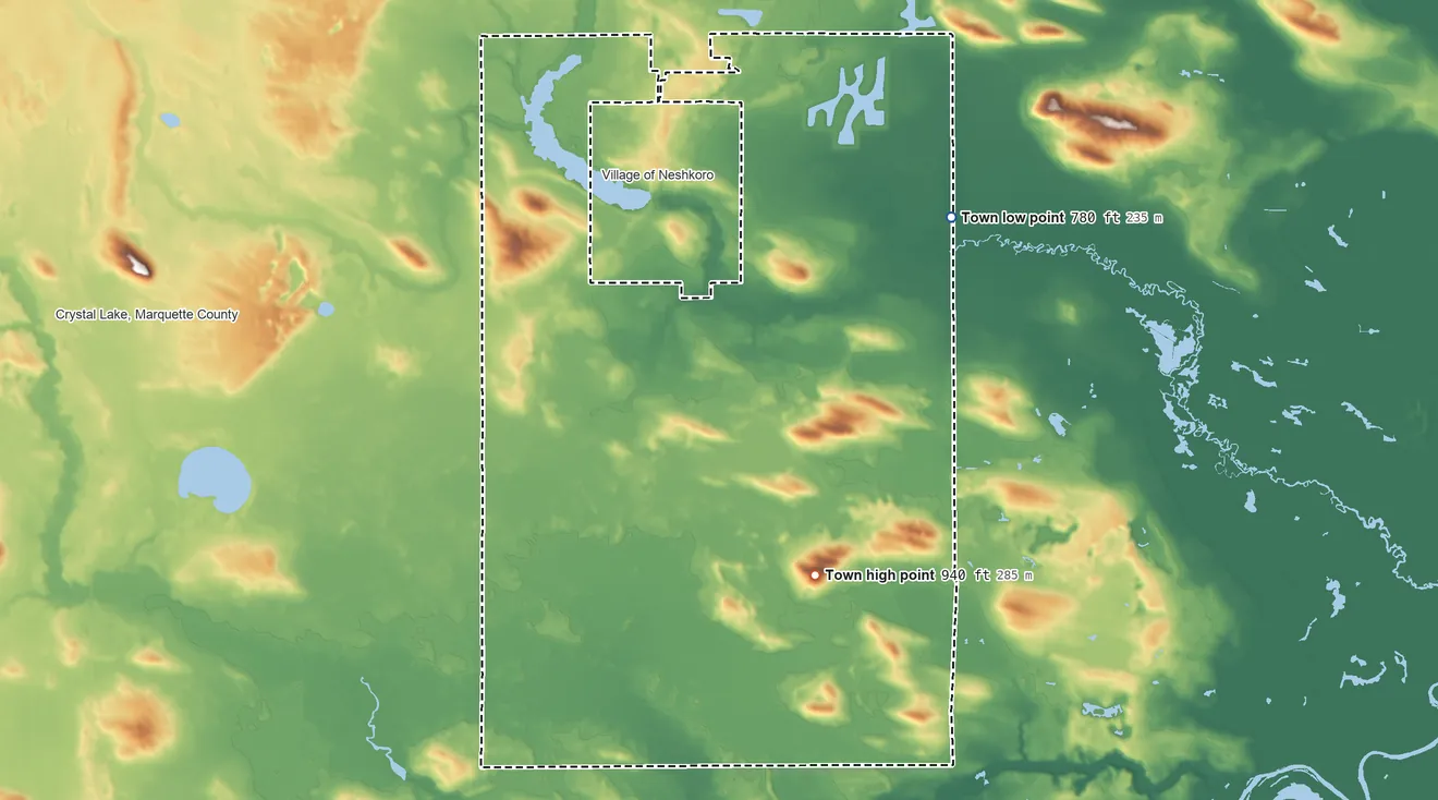 Topographic elevation map of Neshkoro, Wisconsin, shaded from 780 ft on the east side to 940 ft on the south side