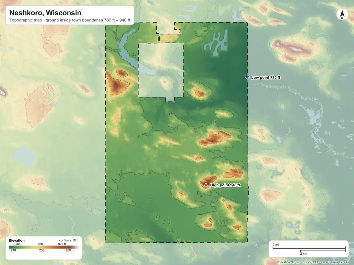 Topographic elevation map of Neshkoro, Wisconsin, shaded from 780 ft on the east side to 940 ft on the south side