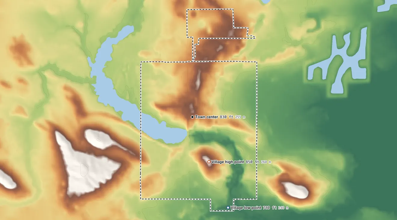 Topographic elevation map of Village of Neshkoro, Wisconsin, shaded from 780 ft on the south side to 850 ft on the south side
