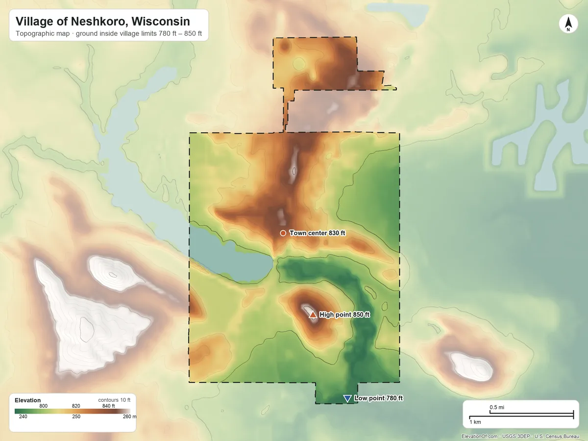 Topographic elevation map of Village of Neshkoro, Wisconsin, shaded from 780 ft on the south side to 850 ft on the south side