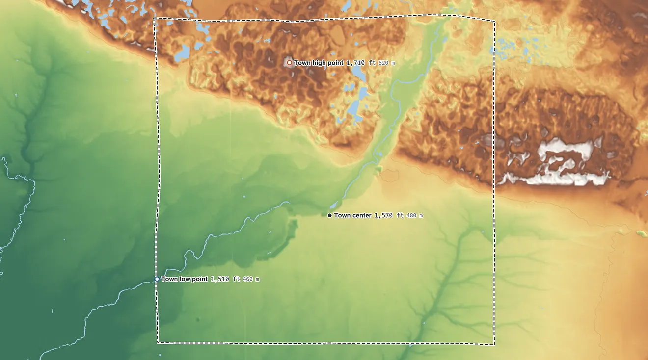 Topographic elevation map of Neva, Wisconsin, shaded from 1,510 ft on the west side to 1,710 ft on the north side