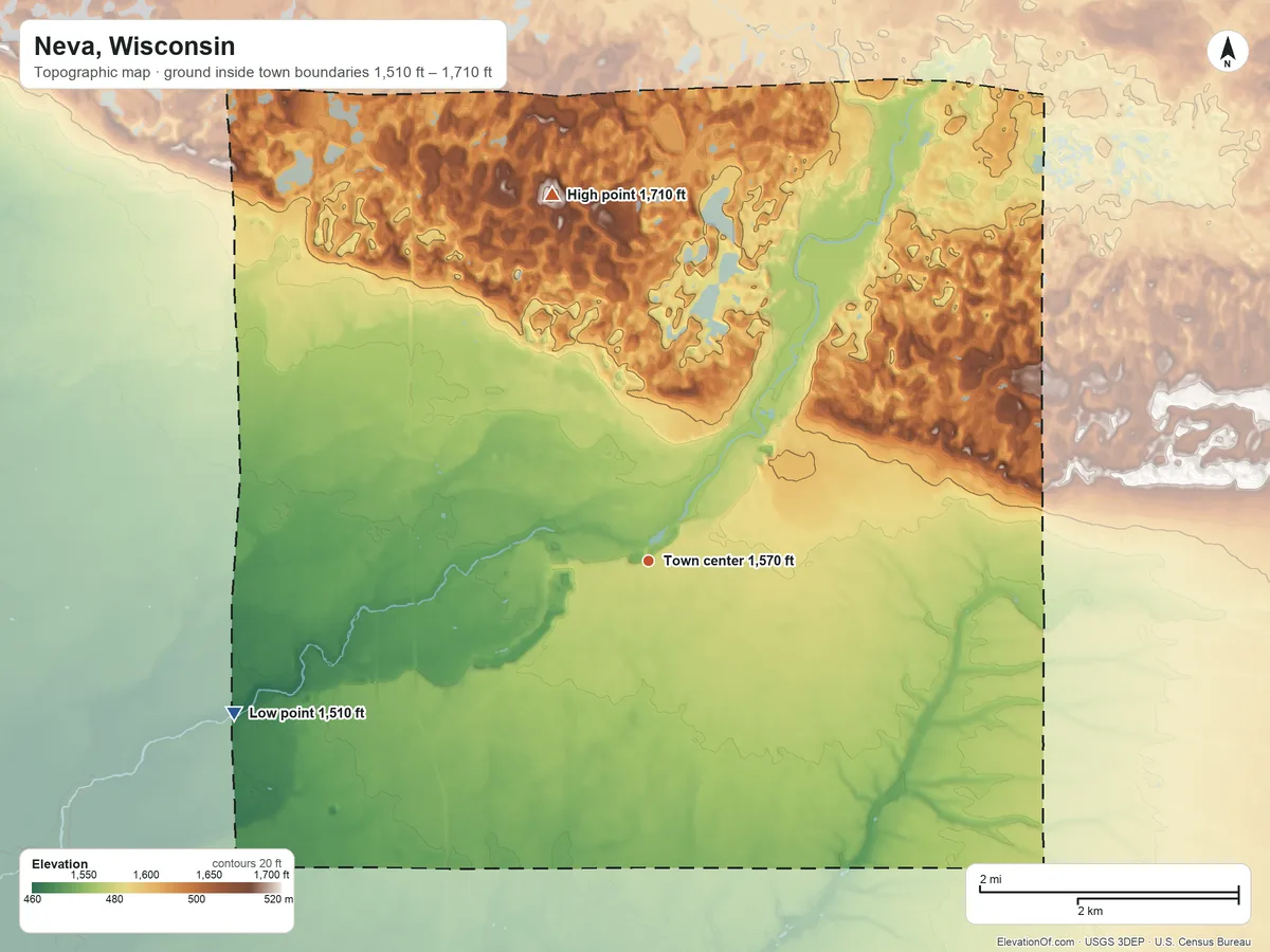 Topographic elevation map of Neva, Wisconsin, shaded from 1,510 ft on the west side to 1,710 ft on the north side