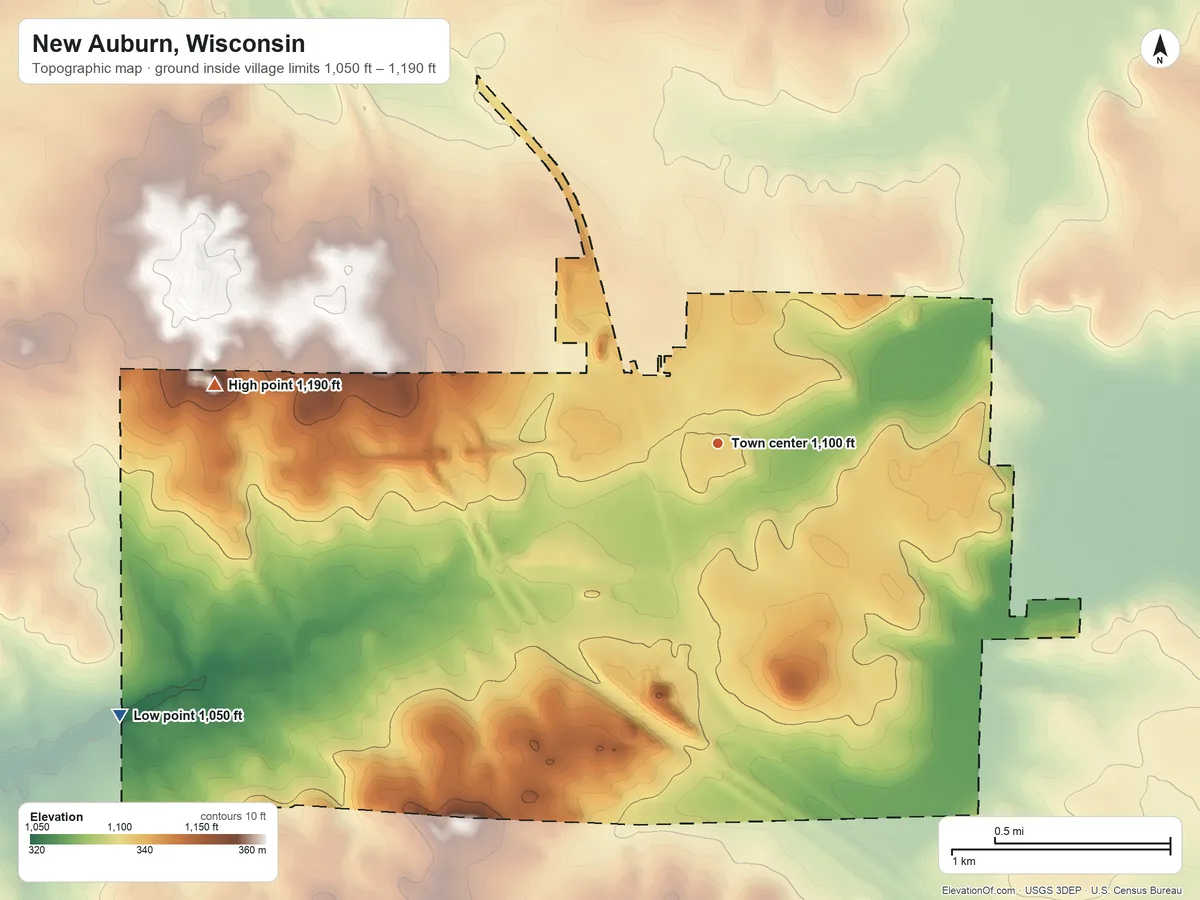 Topographic elevation map of New Auburn, Wisconsin, shaded from 1,050 ft on the southwest side to 1,190 ft on the west side