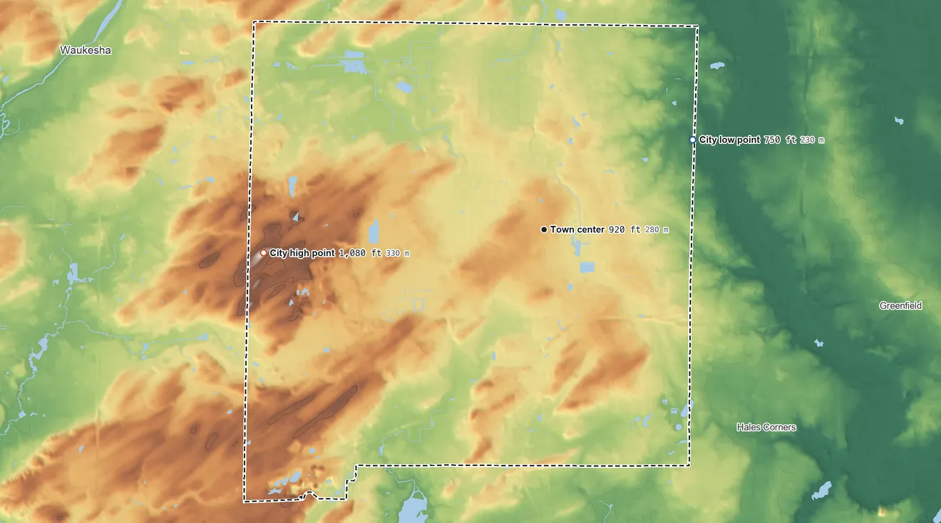 Topographic elevation map of New Berlin, Wisconsin, shaded from 750 ft on the northeast side to 1,080 ft on the west side