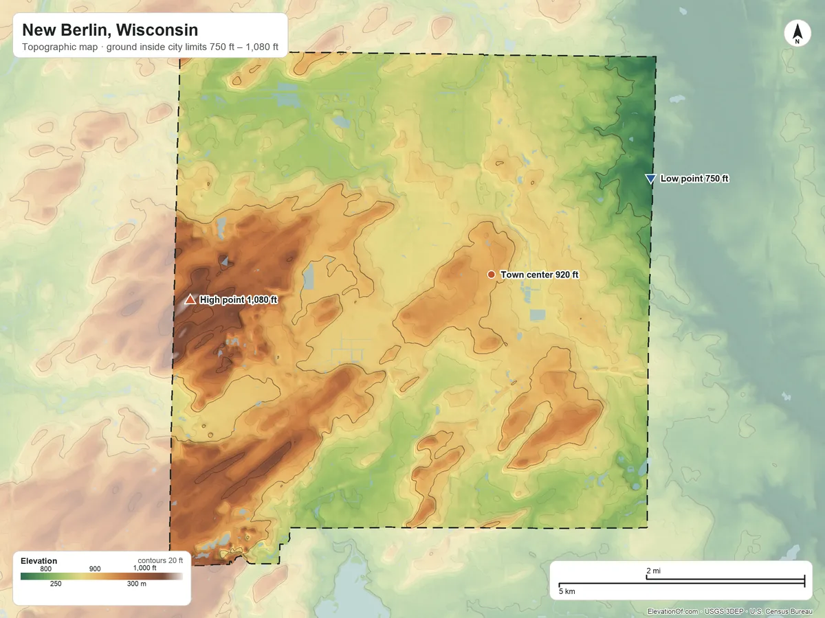 Topographic elevation map of New Berlin, Wisconsin, shaded from 750 ft on the northeast side to 1,080 ft on the west side