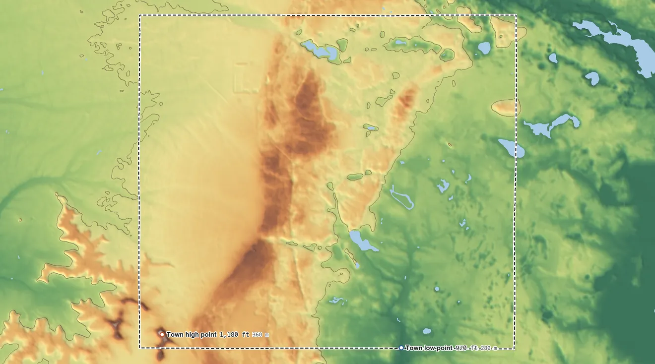 Topographic elevation map of New Chester, Wisconsin, shaded from 920 ft on the south side to 1,180 ft on the southwest side