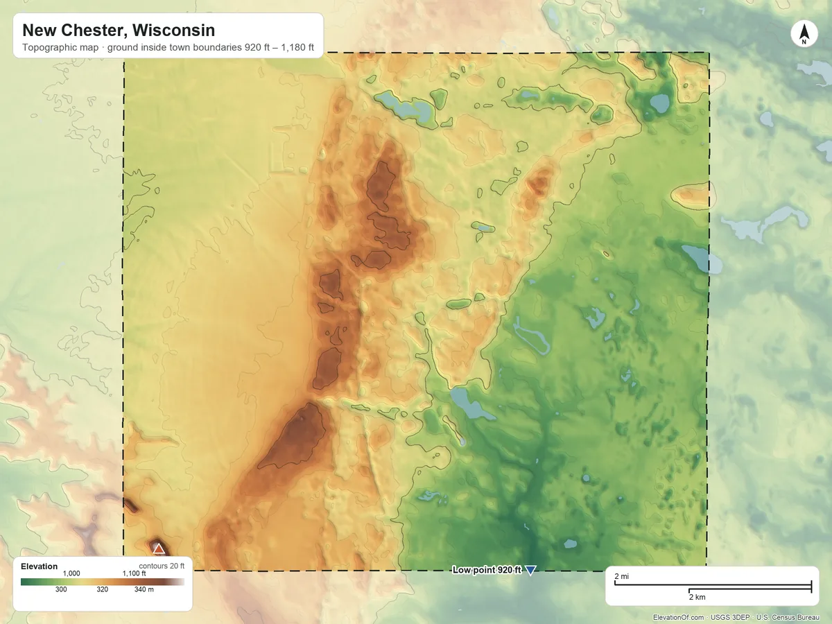 Topographic elevation map of New Chester, Wisconsin, shaded from 920 ft on the south side to 1,180 ft on the southwest side