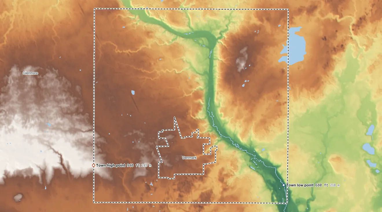 Topographic elevation map of New Denmark, Wisconsin, shaded from 680 ft on the southeast side to 940 ft on the southwest side