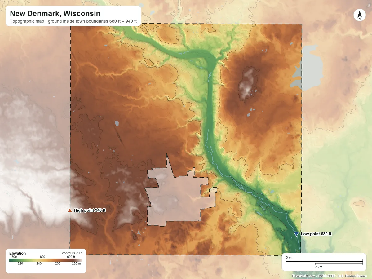 Topographic elevation map of New Denmark, Wisconsin, shaded from 680 ft on the southeast side to 940 ft on the southwest side