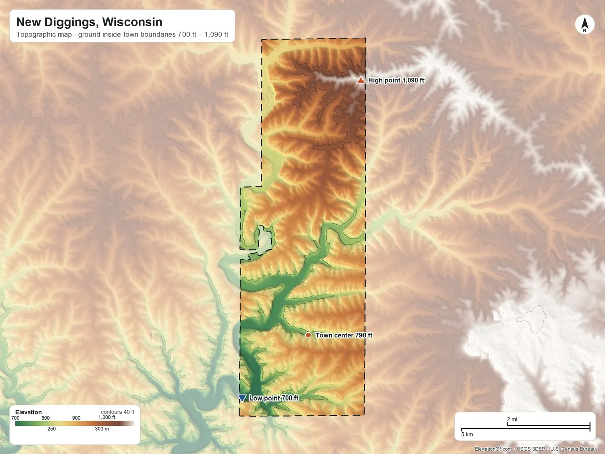 Topographic elevation map of New Diggings, Wisconsin, shaded from 700 ft on the southwest side to 1,090 ft on the north side