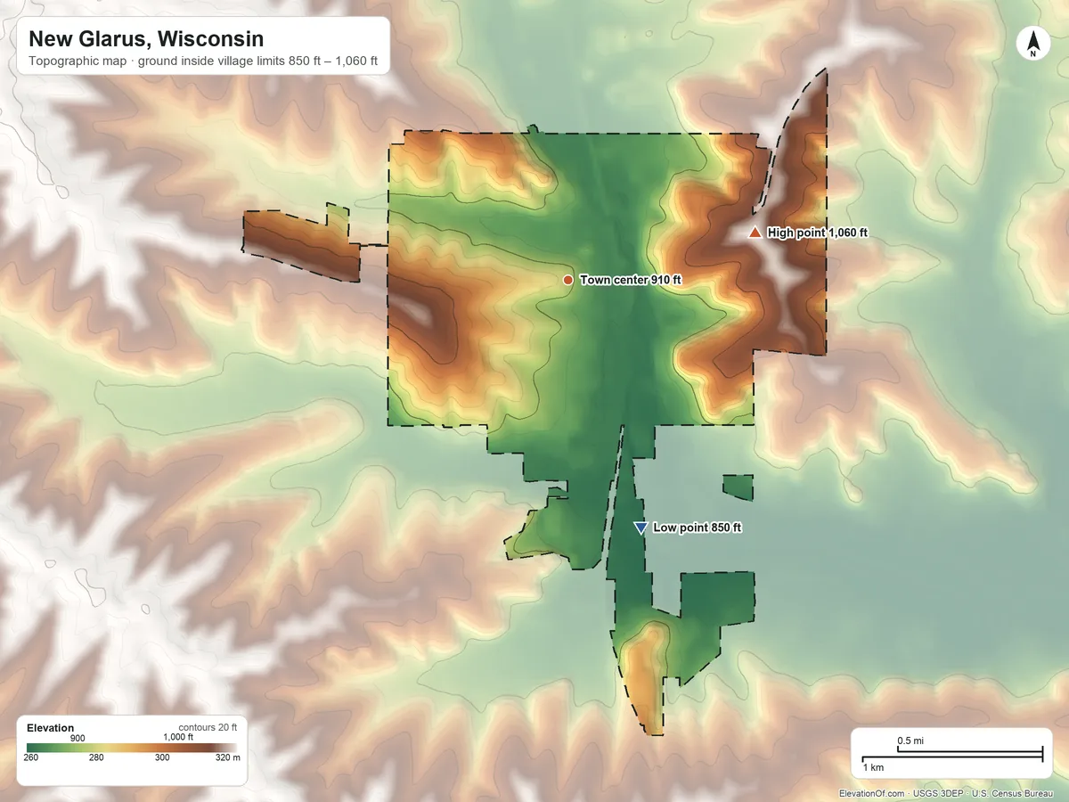 Topographic elevation map of New Glarus, Wisconsin, shaded from 850 ft on the south side to 1,060 ft on the east side