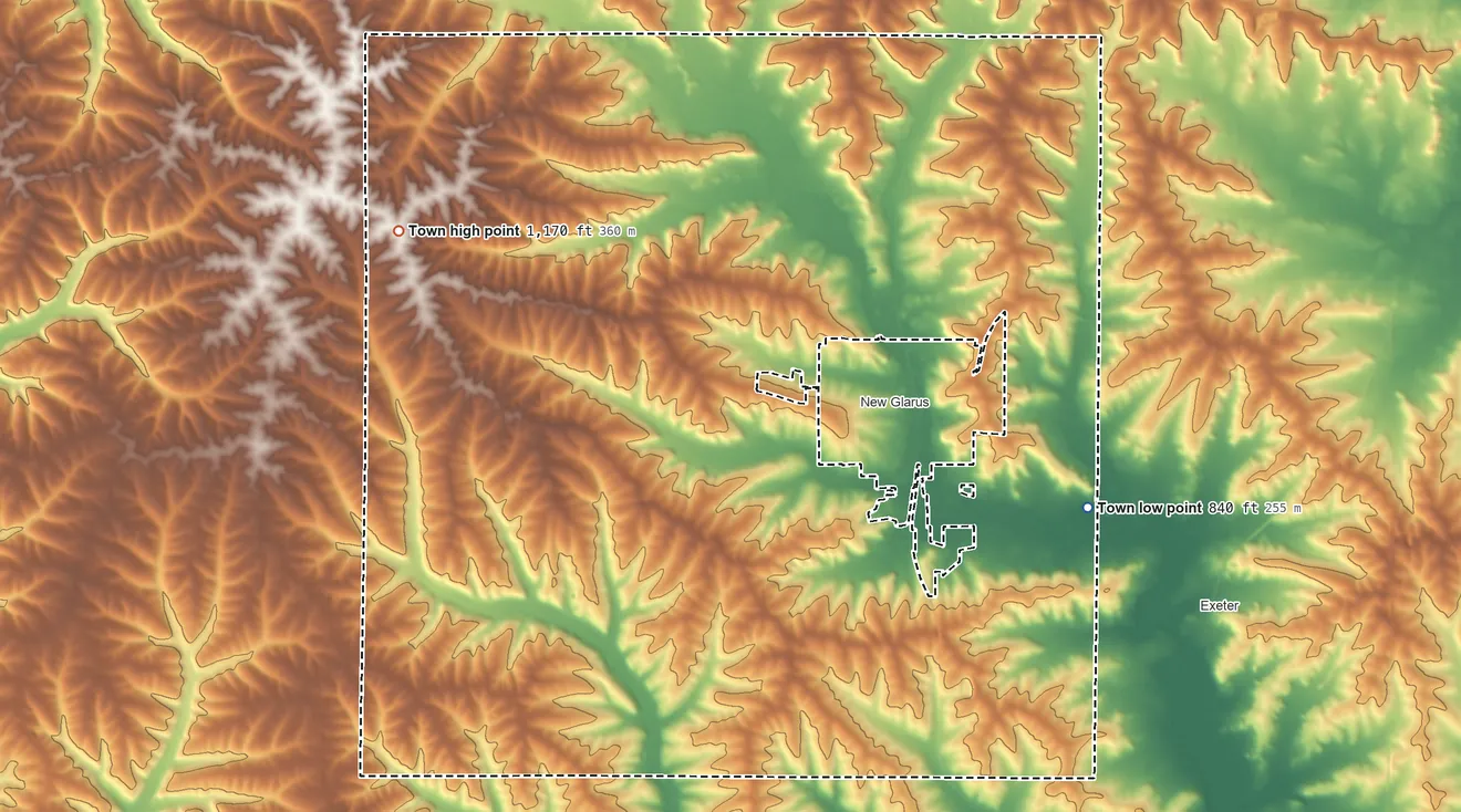 Topographic elevation map of Town of New Glarus, Wisconsin, shaded from 840 ft on the east side to 1,170 ft on the northwest side