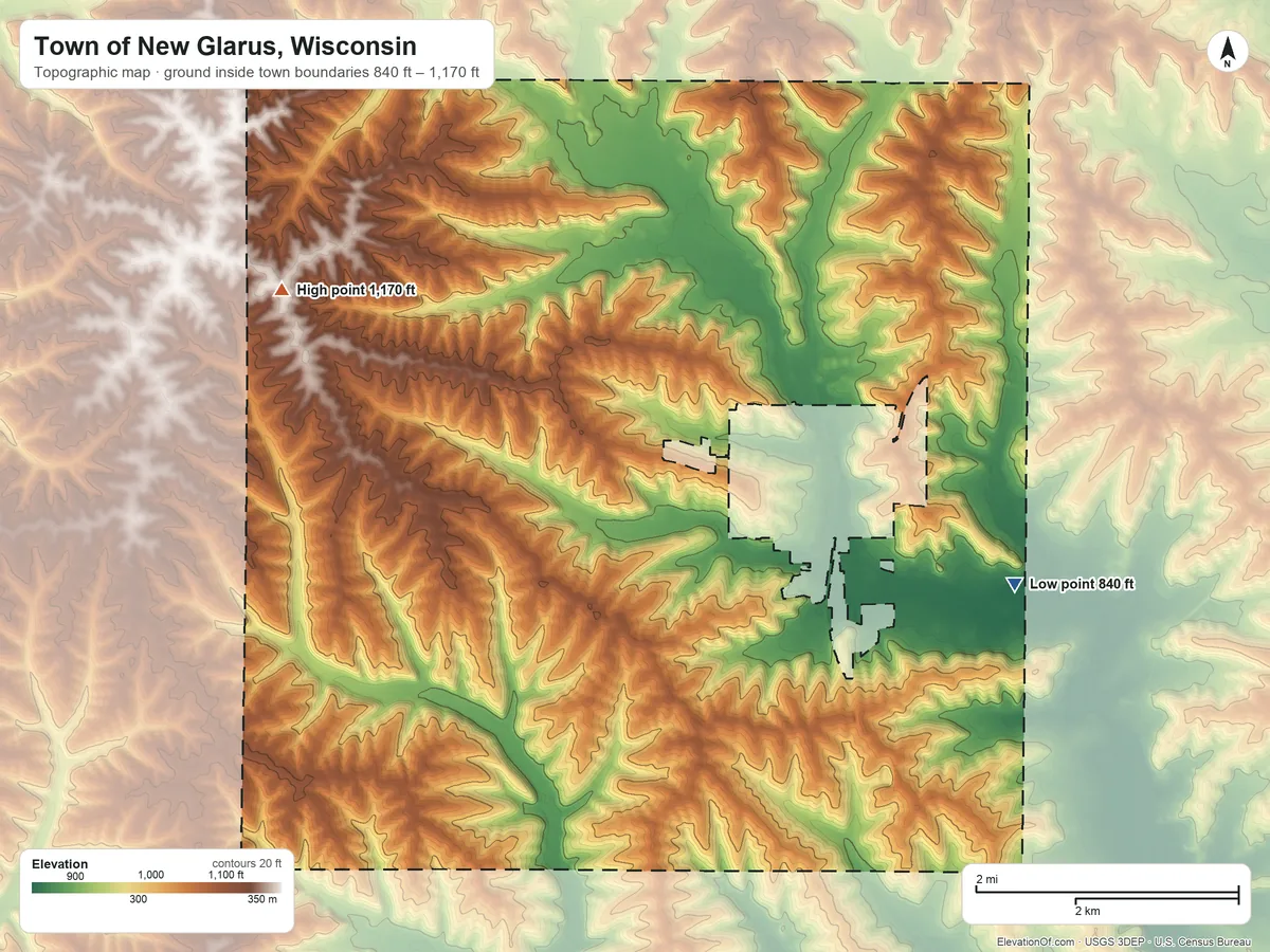 Topographic elevation map of Town of New Glarus, Wisconsin, shaded from 840 ft on the east side to 1,170 ft on the northwest side