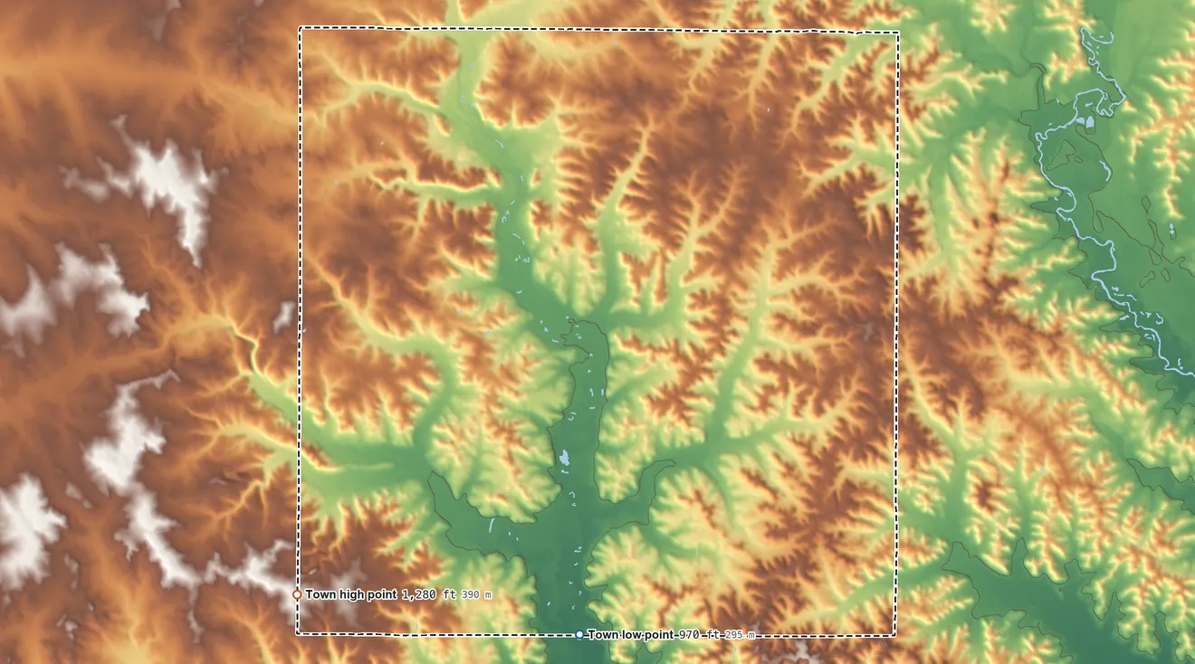 Topographic elevation map of New Haven, Dunn County, Wisconsin, shaded from 970 ft on the south side to 1,280 ft on the southwest side