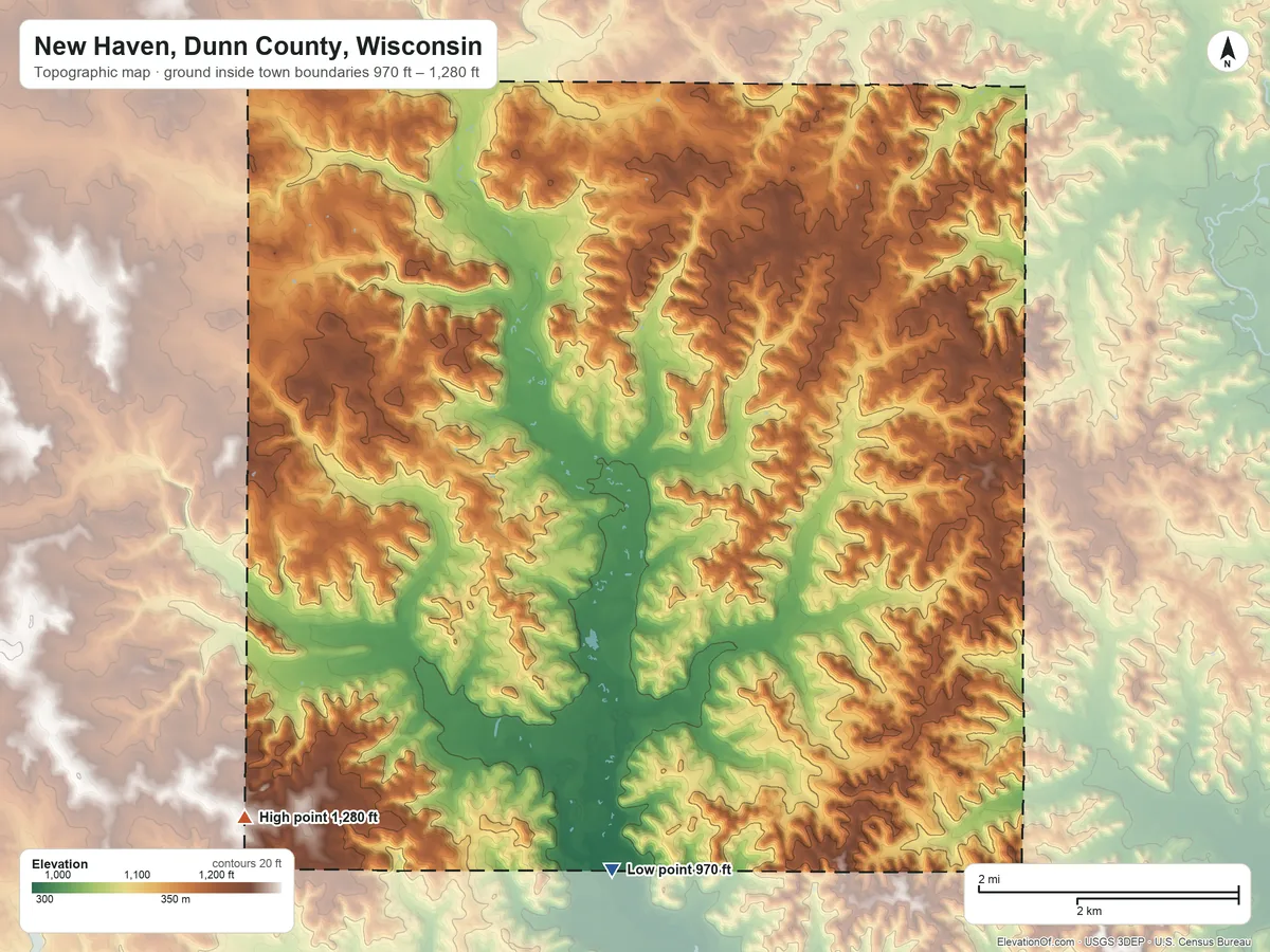Topographic elevation map of New Haven, Dunn County, Wisconsin, shaded from 970 ft on the south side to 1,280 ft on the southwest side