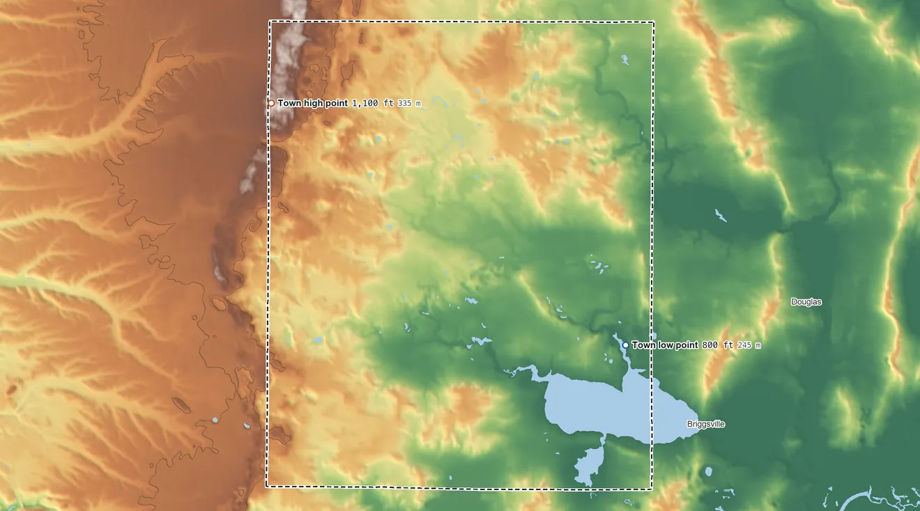 Topographic elevation map of New Haven, Wisconsin, shaded from 800 ft on the east side to 1,100 ft on the northwest side