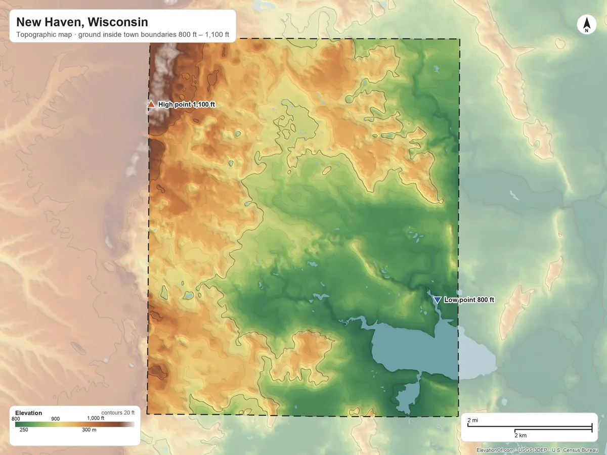 Topographic elevation map of New Haven, Wisconsin, shaded from 800 ft on the east side to 1,100 ft on the northwest side