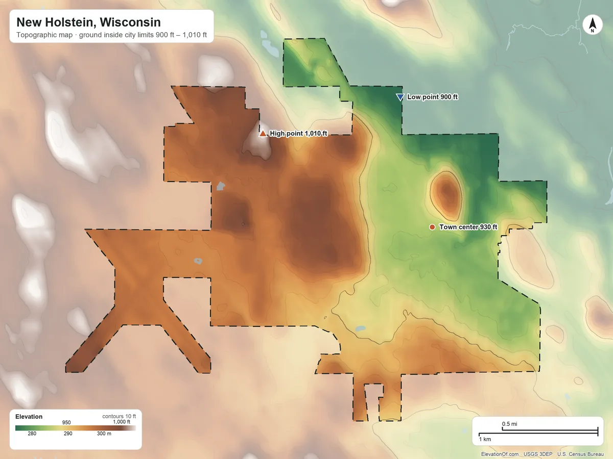 Topographic elevation map of New Holstein, Wisconsin, shaded from 900 ft on the north side to 1,010 ft on the northwest side