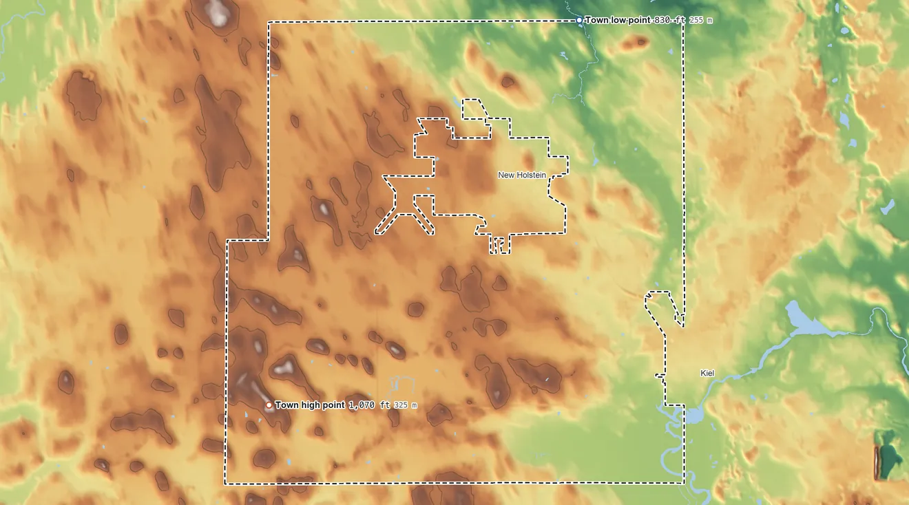 Topographic elevation map of Town of New Holstein, Wisconsin, shaded from 830 ft on the north side to 1,070 ft on the southwest side