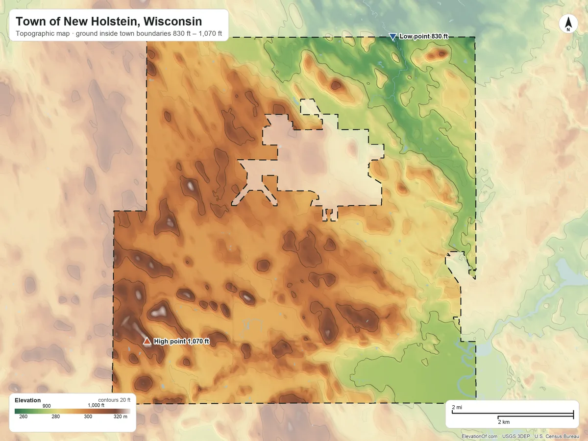 Topographic elevation map of Town of New Holstein, Wisconsin, shaded from 830 ft on the north side to 1,070 ft on the southwest side