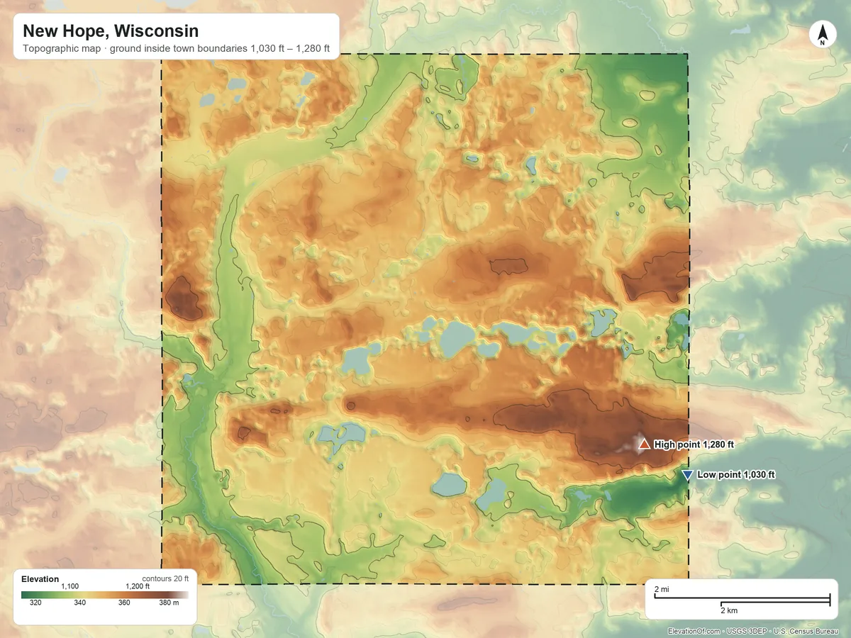 Topographic elevation map of New Hope, Wisconsin, shaded from 1,030 ft on the southeast side to 1,280 ft on the east side