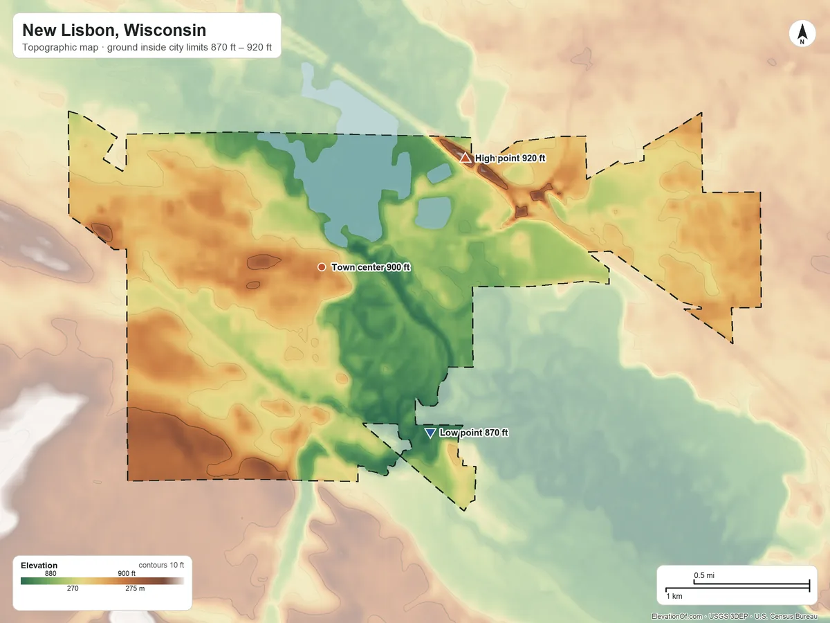 Topographic elevation map of New Lisbon, Wisconsin, shaded from 870 ft on the southeast side to 920 ft on the northeast side
