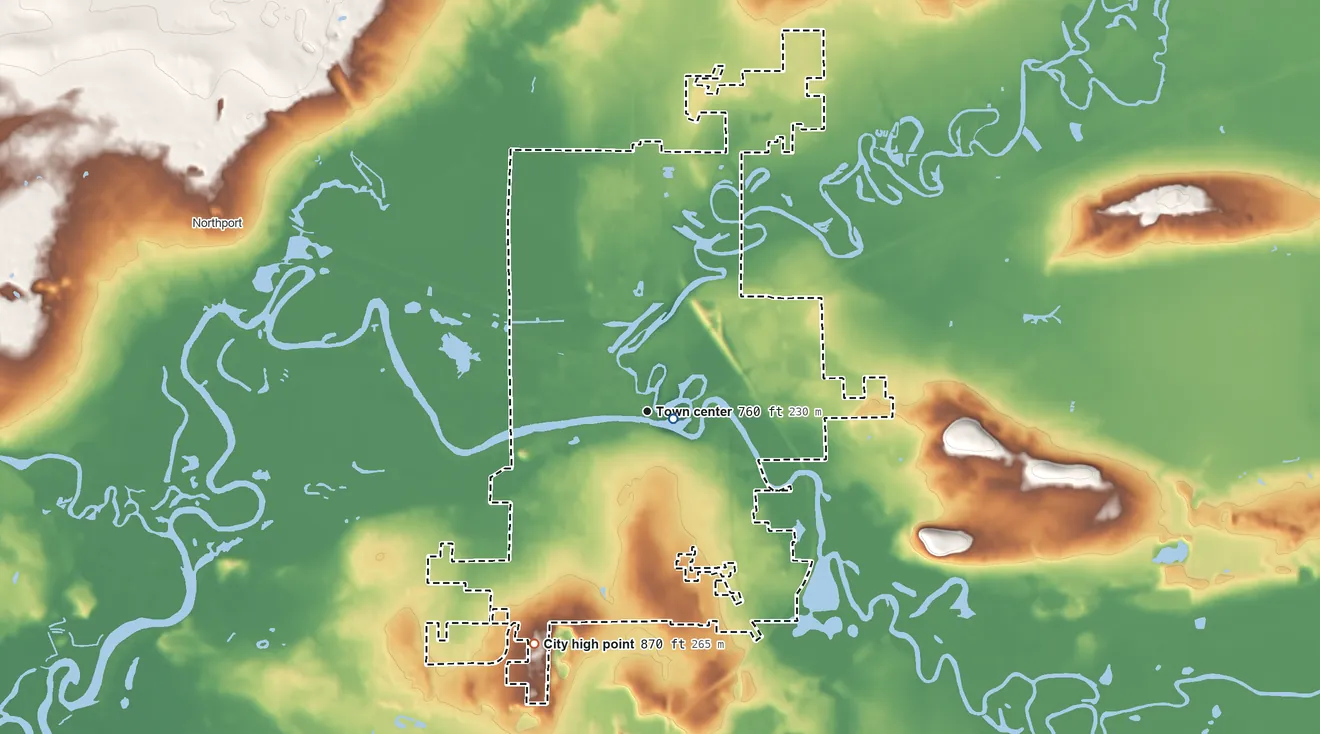Topographic elevation map of New London, Wisconsin, shaded from 750 ft near the middle to 870 ft on the southwest side
