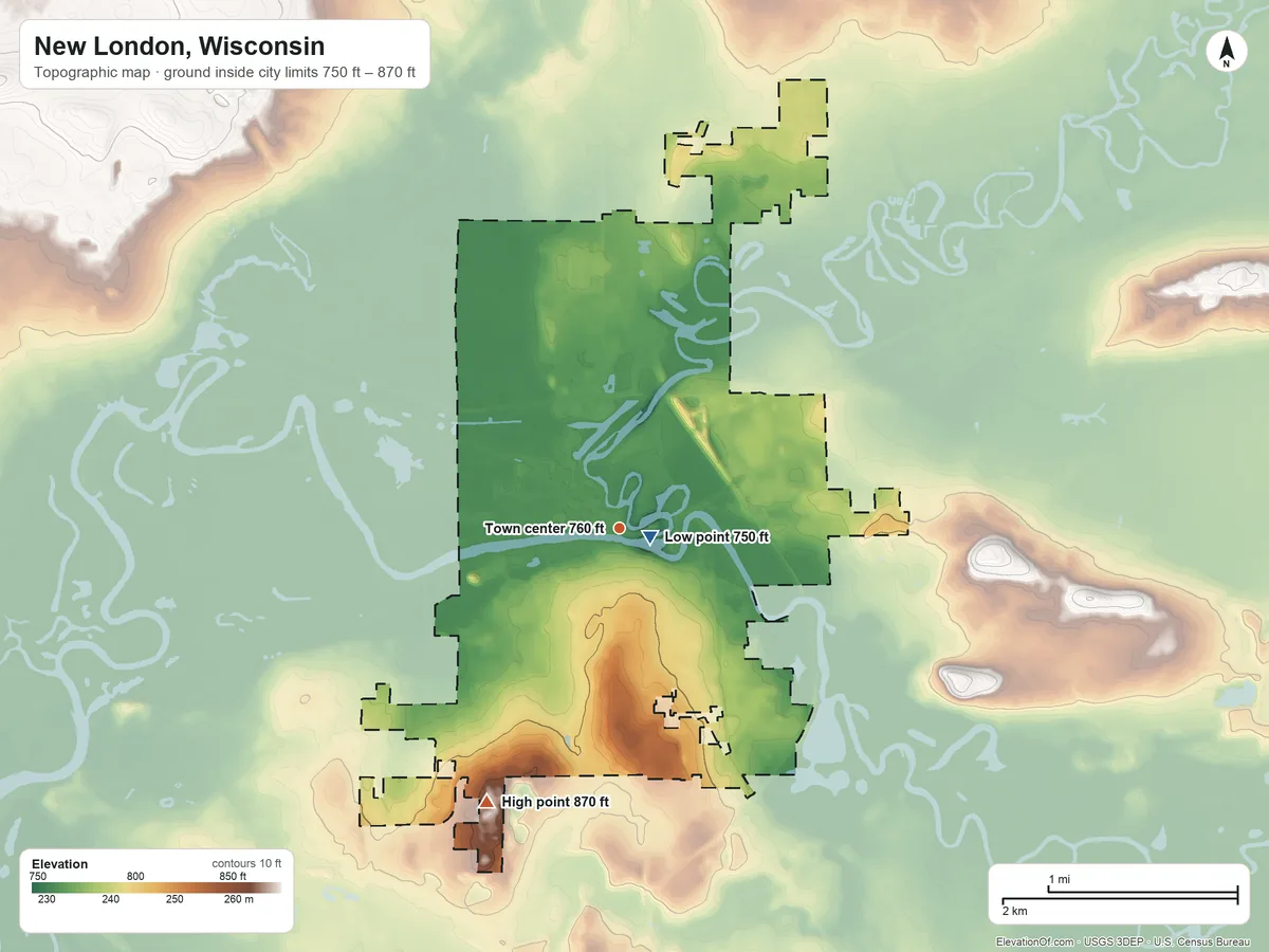 Topographic elevation map of New London, Wisconsin, shaded from 750 ft near the middle to 870 ft on the southwest side