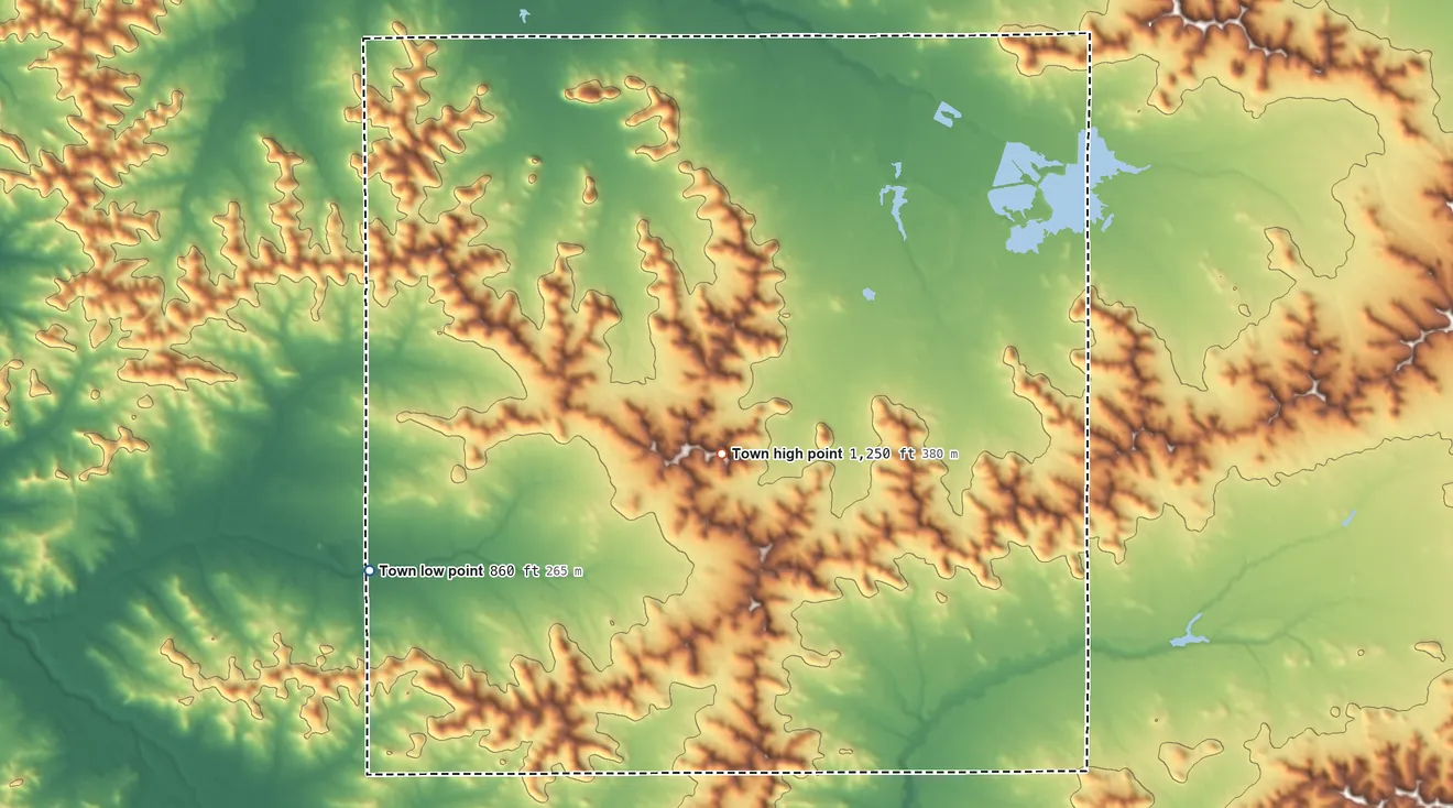 Topographic elevation map of New Lyme, Wisconsin, shaded from 860 ft on the south side to 1,250 ft on the southeast side