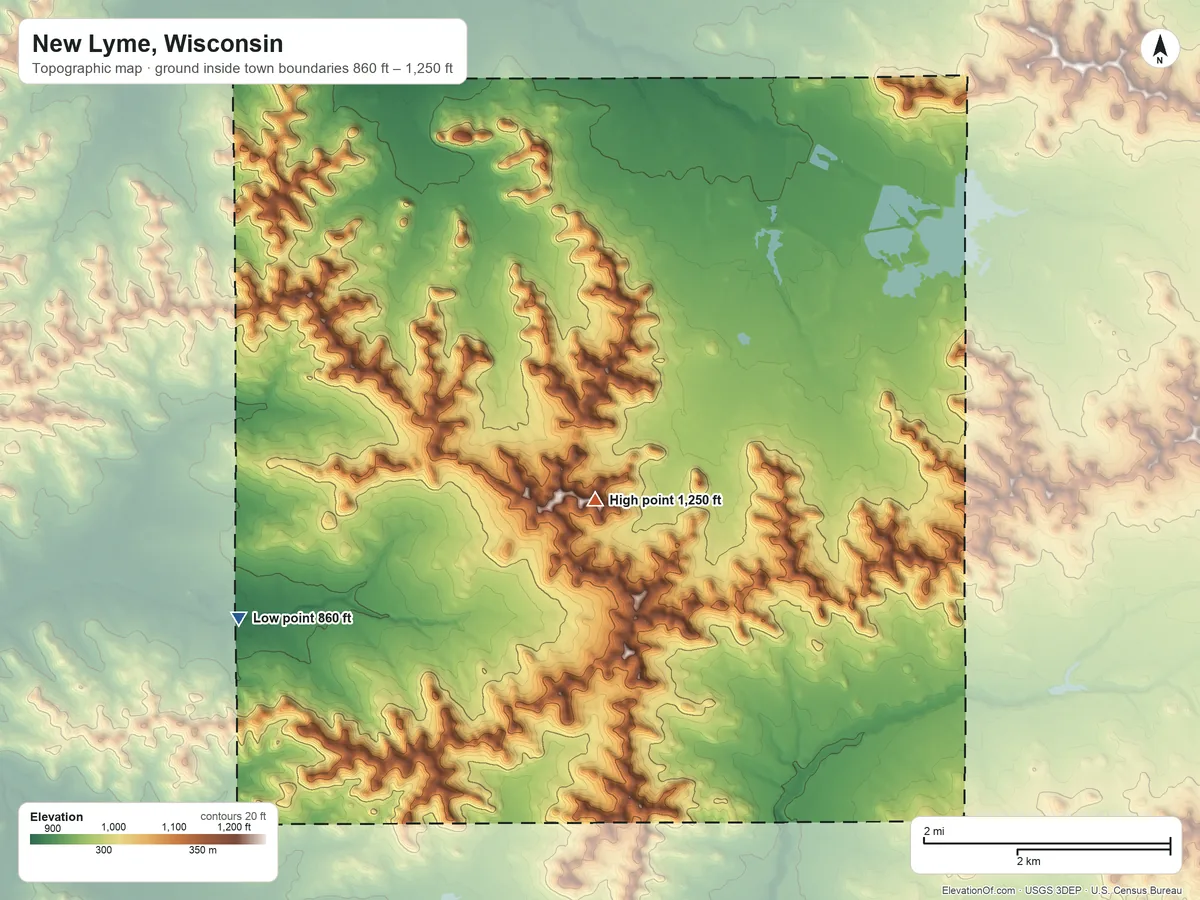 Topographic elevation map of New Lyme, Wisconsin, shaded from 860 ft on the south side to 1,250 ft on the southeast side