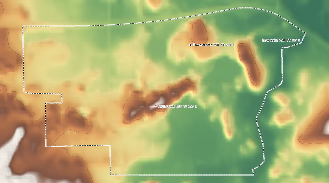 Topographic elevation map of New Munster, Wisconsin, shaded from 750 ft on the east side to 840 ft on the southwest side