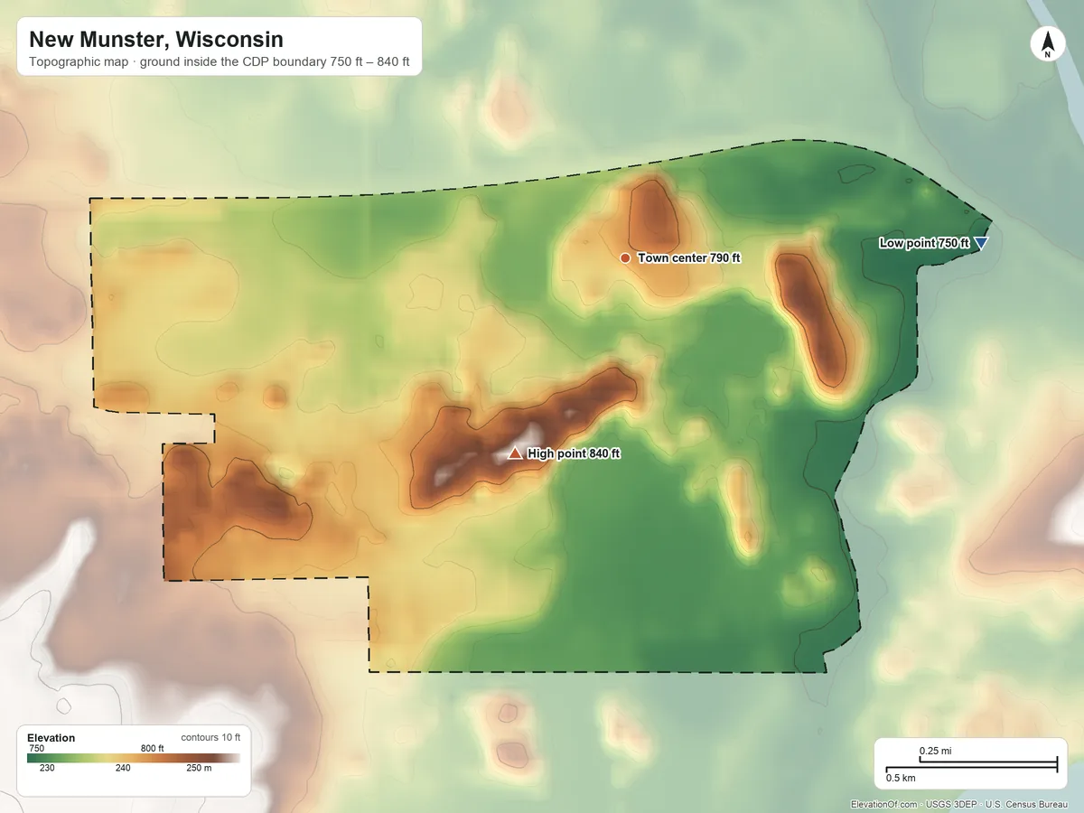 Topographic elevation map of New Munster, Wisconsin, shaded from 750 ft on the east side to 840 ft on the southwest side