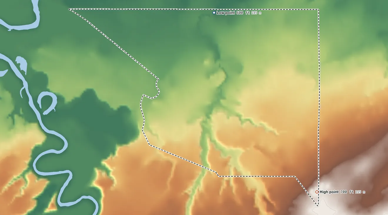 Topographic elevation map of New Odanah, Wisconsin, shaded from 600 ft on the north side to 700 ft on the southeast side