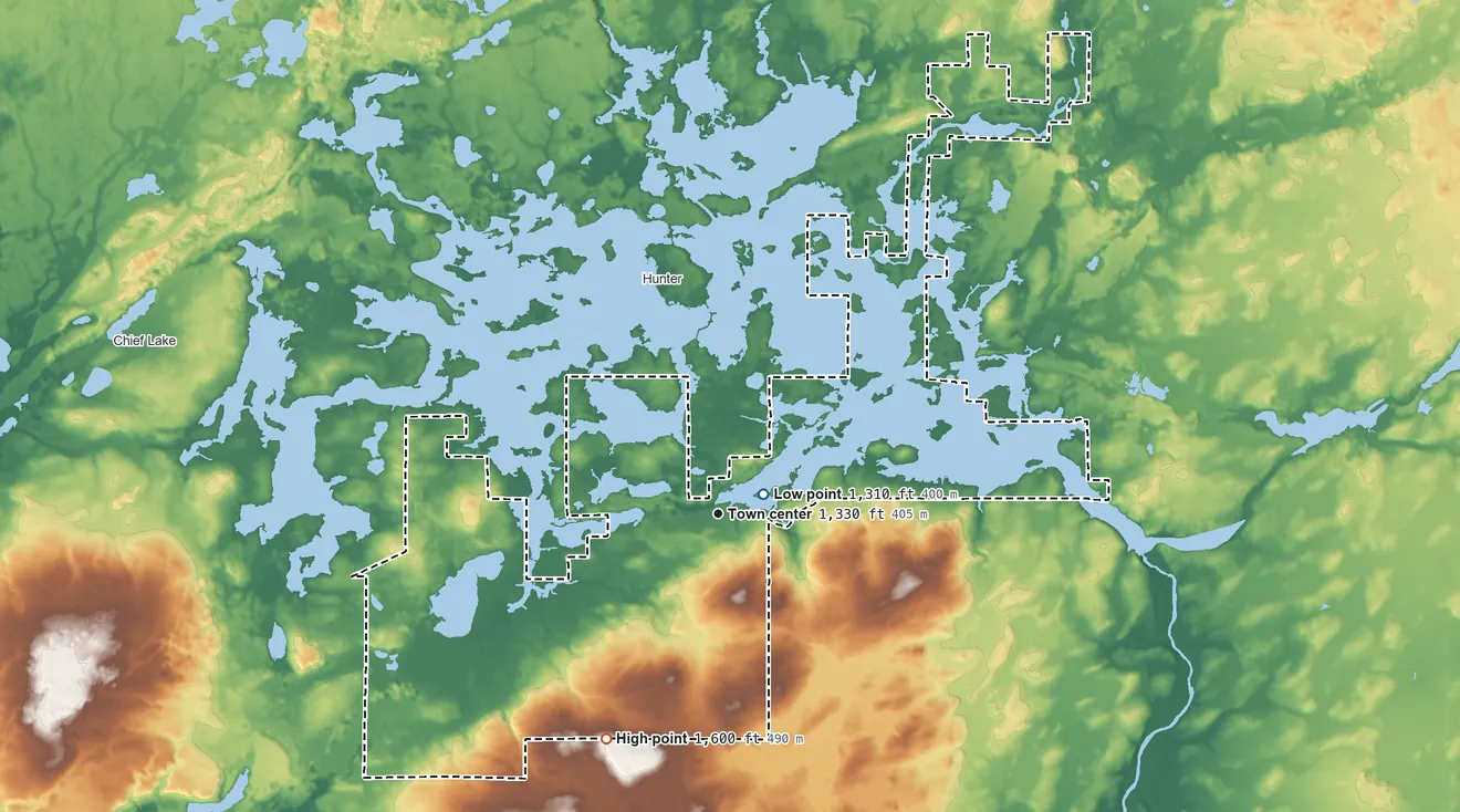 Topographic elevation map of New Post, Wisconsin, shaded from 1,310 ft near the middle to 1,600 ft on the southwest side
