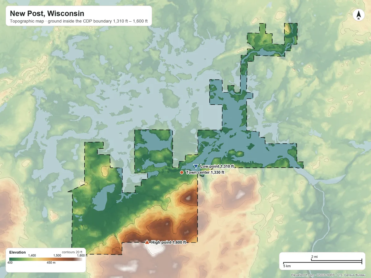 Topographic elevation map of New Post, Wisconsin, shaded from 1,310 ft near the middle to 1,600 ft on the southwest side