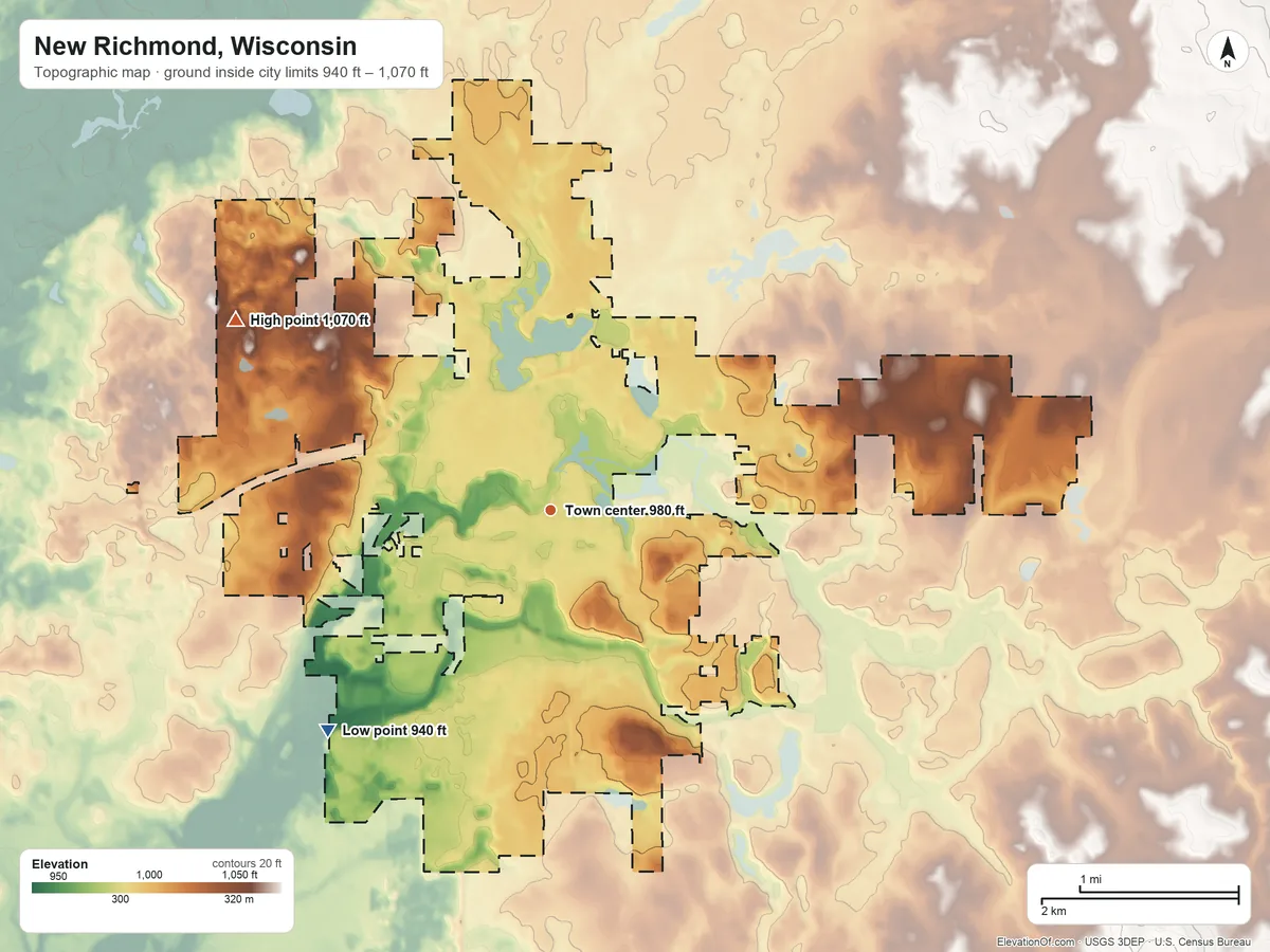 Topographic elevation map of New Richmond, Wisconsin, shaded from 940 ft on the southwest side to 1,070 ft on the northwest side