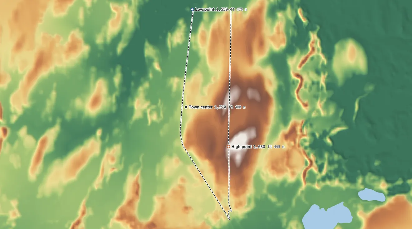 Topographic elevation map of Newald, Wisconsin, shaded from 1,550 ft on the north side to 1,630 ft on the southeast side