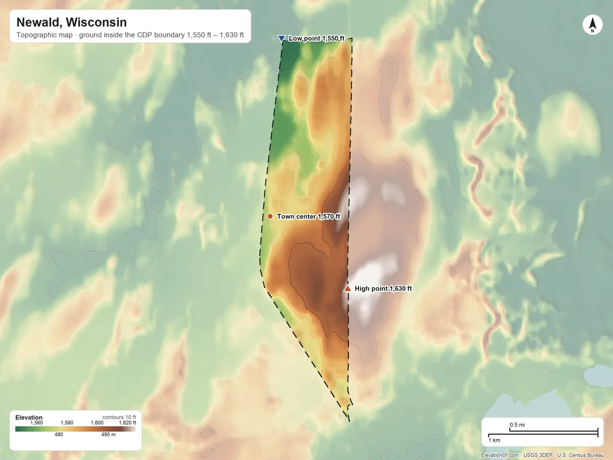 Topographic elevation map of Newald, Wisconsin, shaded from 1,550 ft on the north side to 1,630 ft on the southeast side