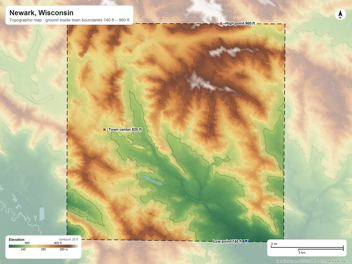 Topographic elevation map of Newark, Wisconsin, shaded from 740 ft on the southeast side to 960 ft on the northeast side
