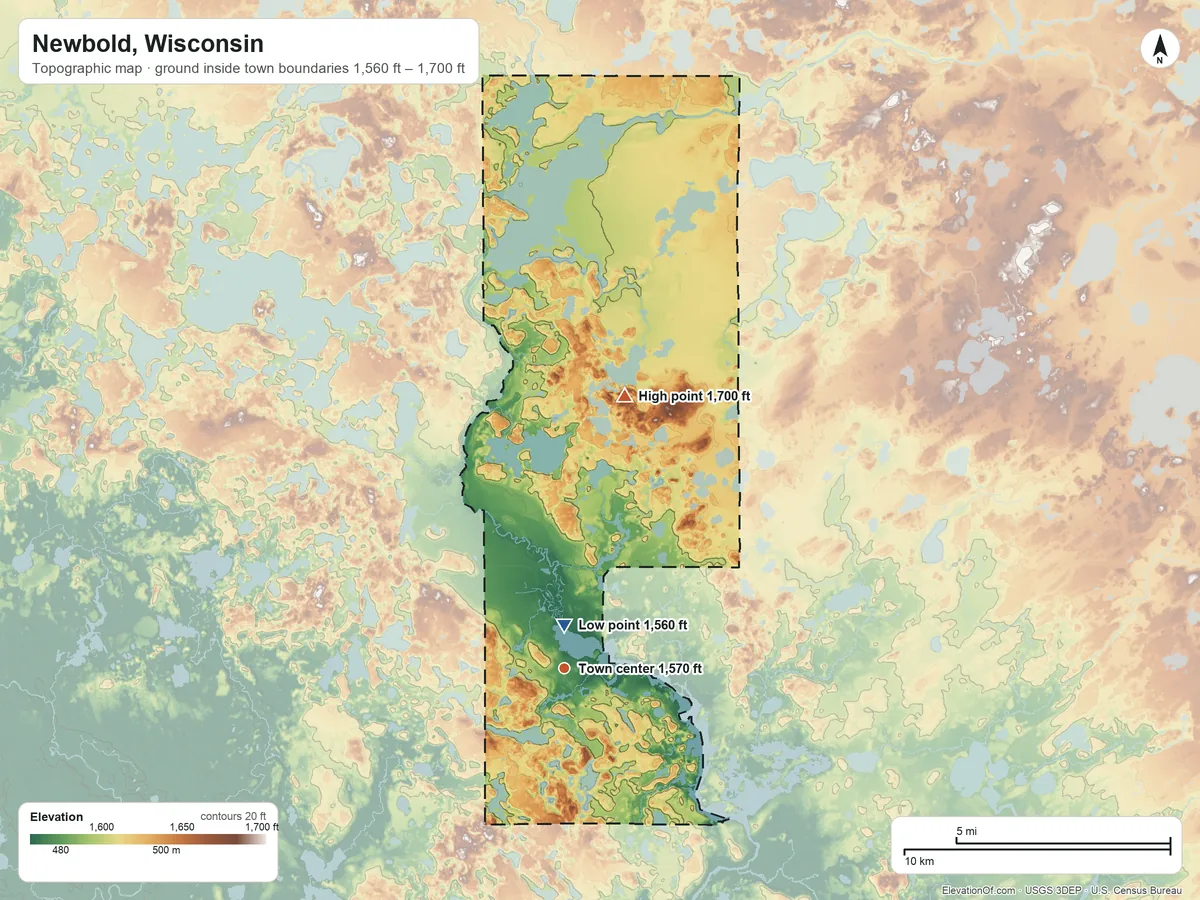 Topographic elevation map of Newbold, Wisconsin, shaded from 1,560 ft near the middle to 1,700 ft on the north side
