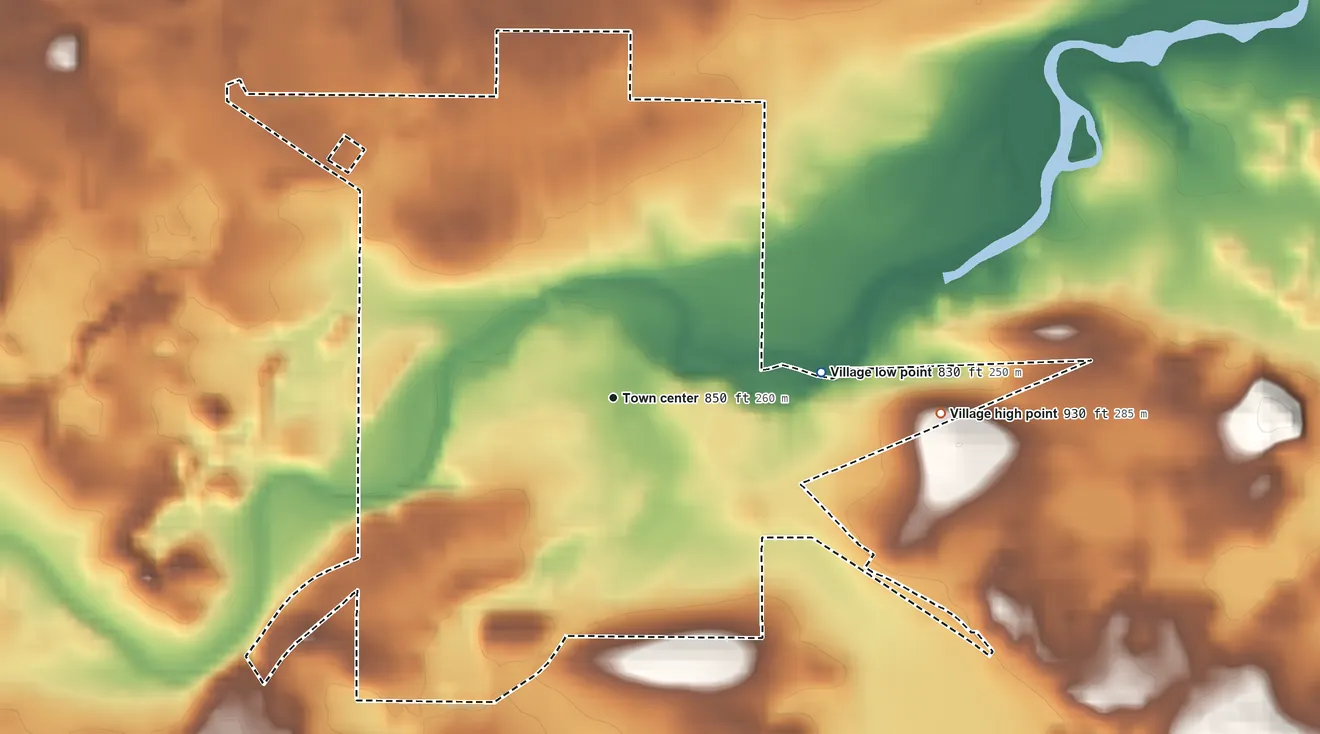 Topographic elevation map of Newburg, Wisconsin, shaded from 830 ft on the east side to 930 ft on the east side