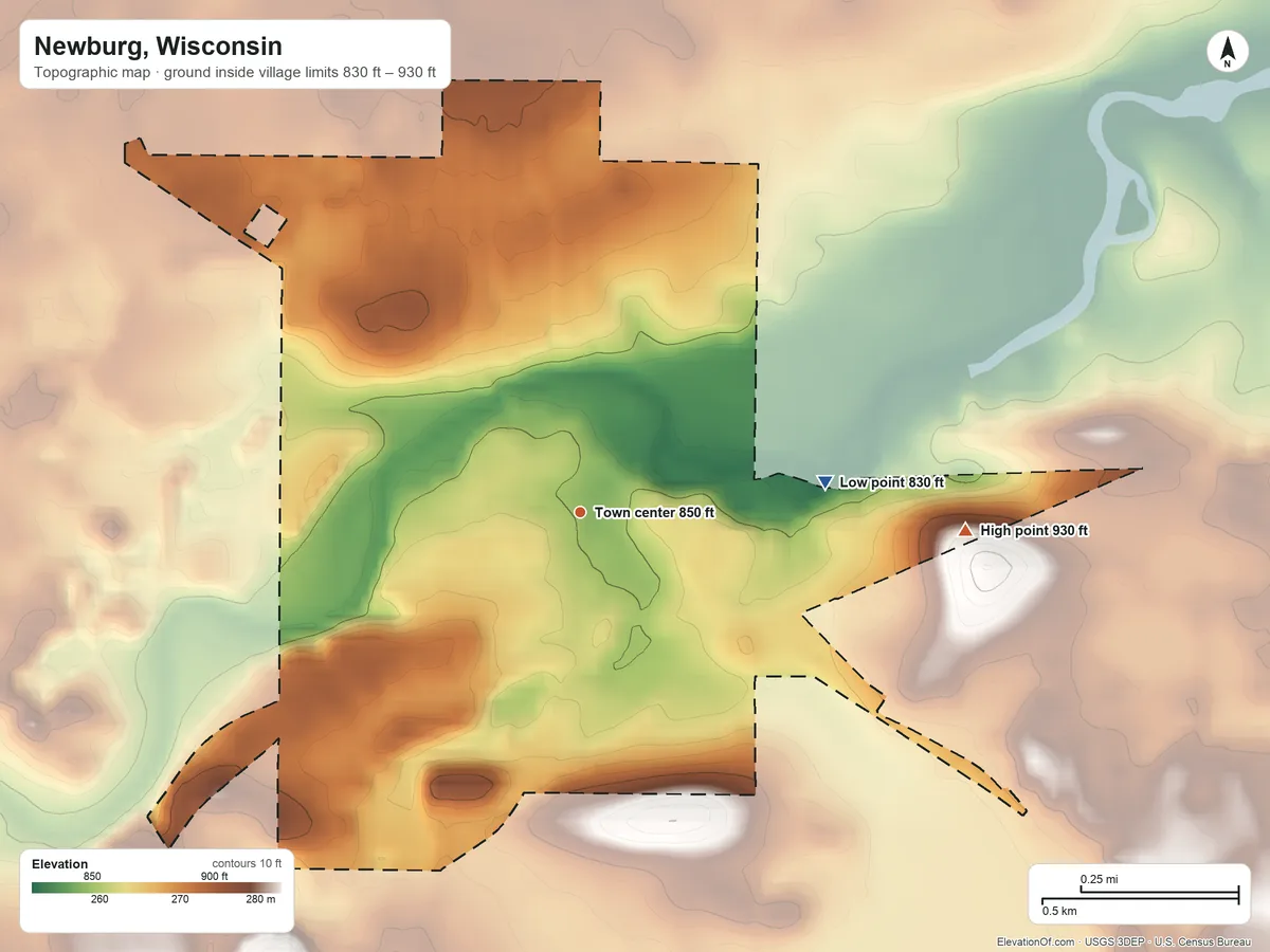 Topographic elevation map of Newburg, Wisconsin, shaded from 830 ft on the east side to 930 ft on the east side