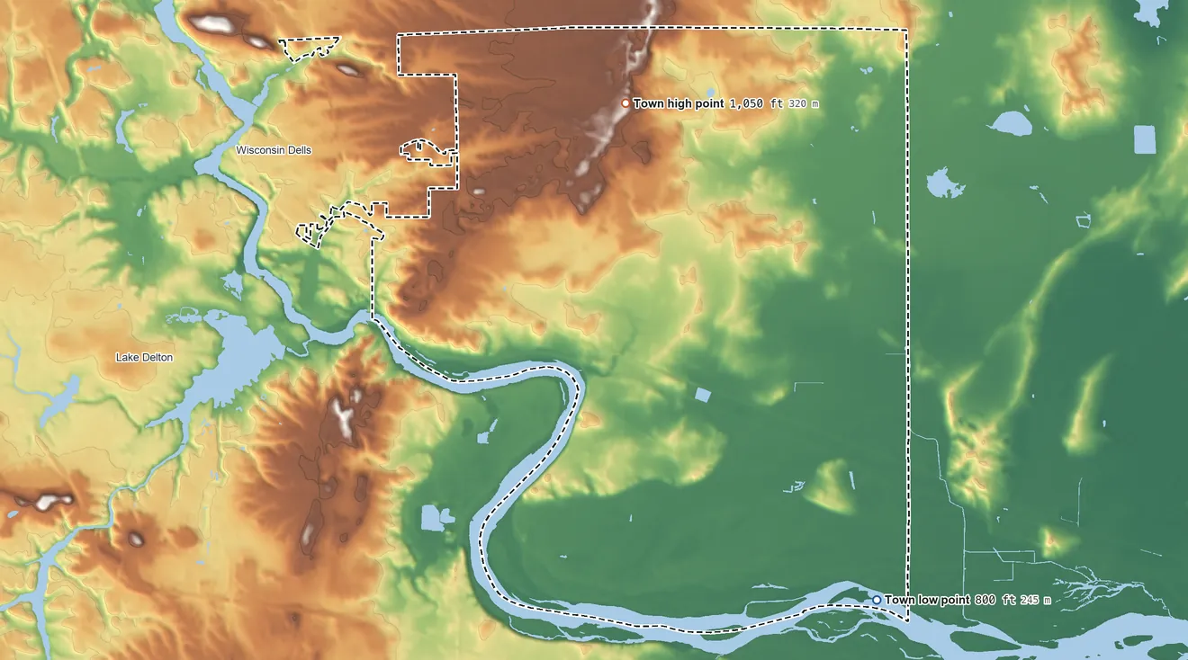 Topographic elevation map of Newport, Wisconsin, shaded from 800 ft on the southeast side to 1,050 ft on the north side